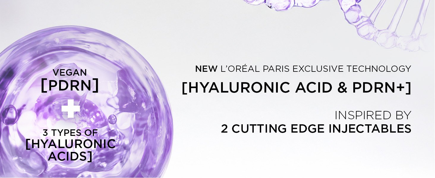 Scientific representation of multi-weight Hyaluronic Acid and PDRN complex penetrating epidermal layers to stimulate natural HA synthesis and restore cellular skin hydration.