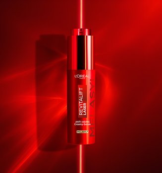 L'Oréal Paris Revitalift Laser Triple Action Serum packaging featuring Melasyl™ and Niacinamide, designed for treating dark spots and dull skin.