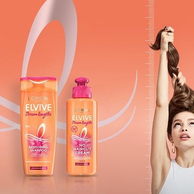 Elvive Dream Lengths bottle shots and model with very long hair