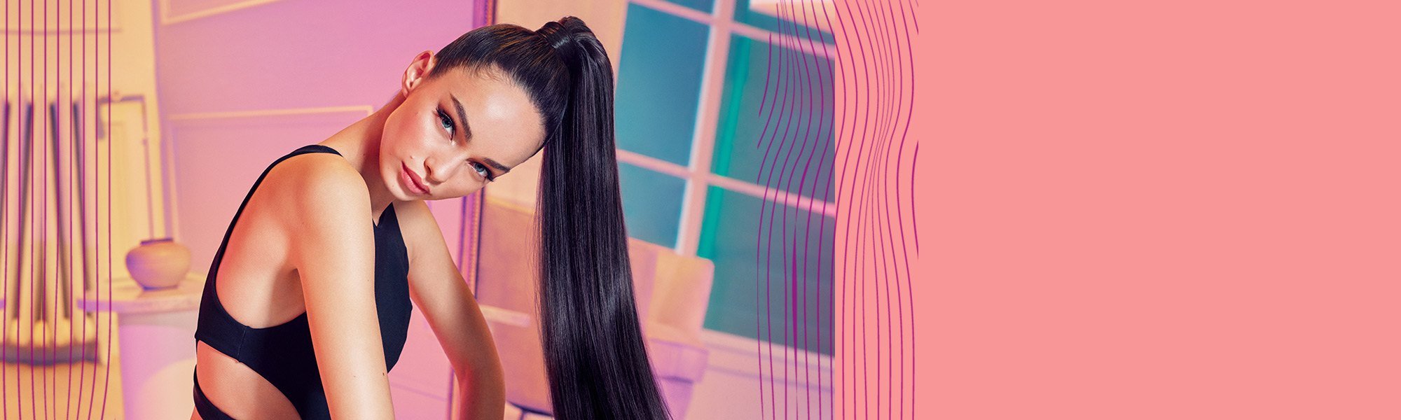 model with long black sleek hair in a ponytail