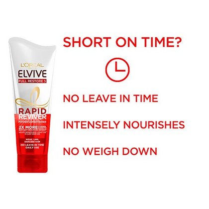 L'Oreal Elvive Full Restore Rapid Reviver Damaged Hair Power Conditioner, sales claim - short on time? No leave in time, intensely nourishes, no weigh down