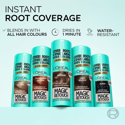 Lineup of five L'Oréal Paris Magic Retouch cans showcasing instant root coverage that dries in one minute, resists water, and blends with all hair colors.