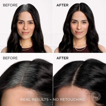 Before-and-after comparison of a woman's dark hair, showing complete and seamless coverage of grey roots along the parting line using L'Oréal Paris Magic Retouch.