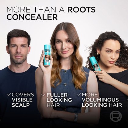 Promotional graphic showing three diverse models demonstrating how L'Oréal Paris Magic Retouch covers visible scalp, makes hair look fuller, and adds volume.